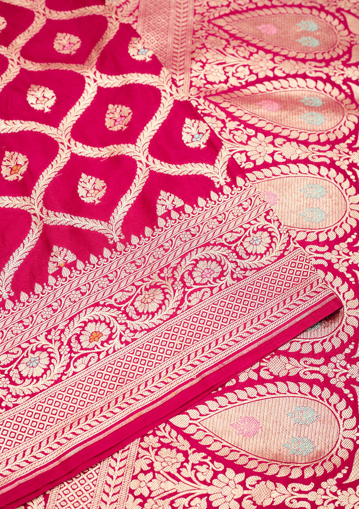 Rani Pink Crepe Jaal Gold Zariwork Saree With Matching Blouse Piece