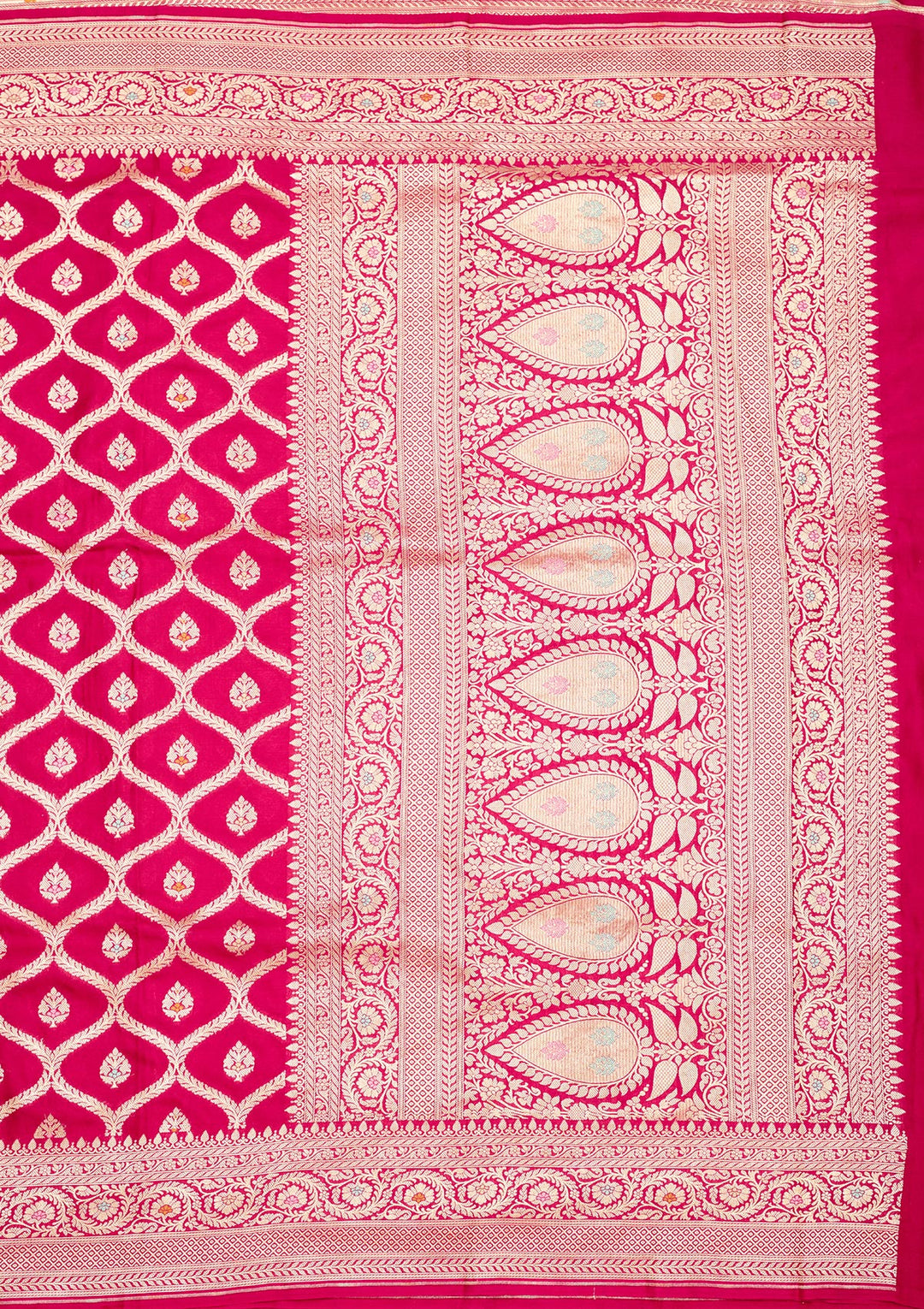 Rani Pink Crepe Jaal Gold Zariwork Saree With Matching Blouse Piece