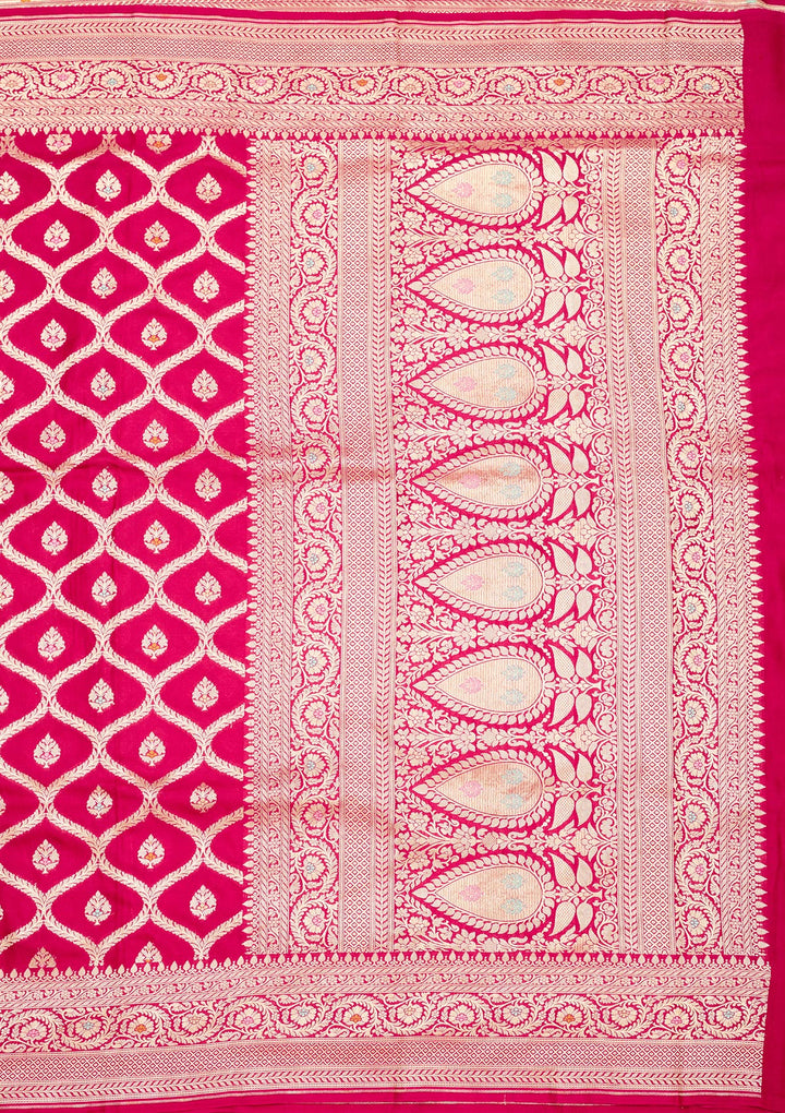 Rani Pink Crepe Jaal Gold Zariwork Saree With Matching Blouse Piece