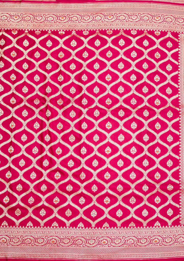 Rani Pink Crepe Jaal Gold Zariwork Saree With Matching Blouse Piece