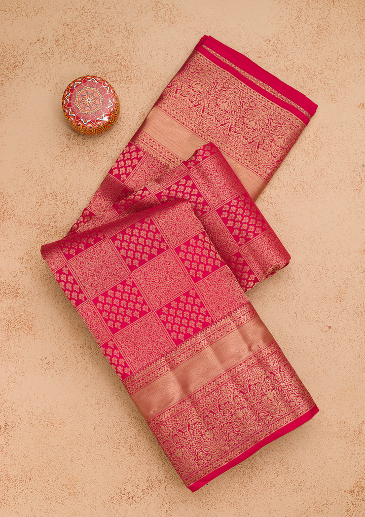 Rani Pink Silk Jaal Gold Zariwork Saree With Matching Blouse Piece