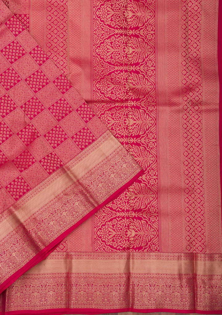 Rani Pink Silk Jaal Gold Zariwork Saree With Matching Blouse Piece