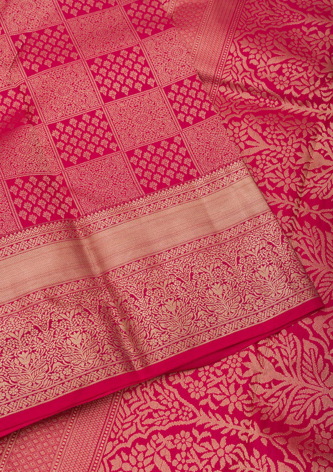 Rani Pink Silk Jaal Gold Zariwork Saree With Matching Blouse Piece