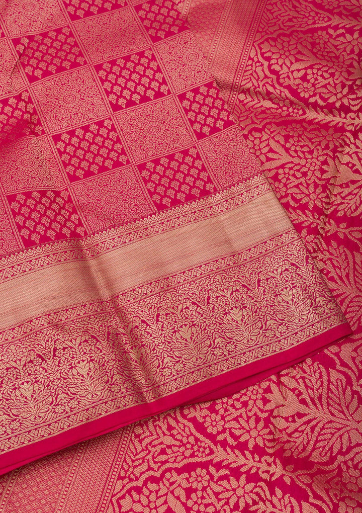 Rani Pink Silk Jaal Gold Zariwork Saree With Matching Blouse Piece