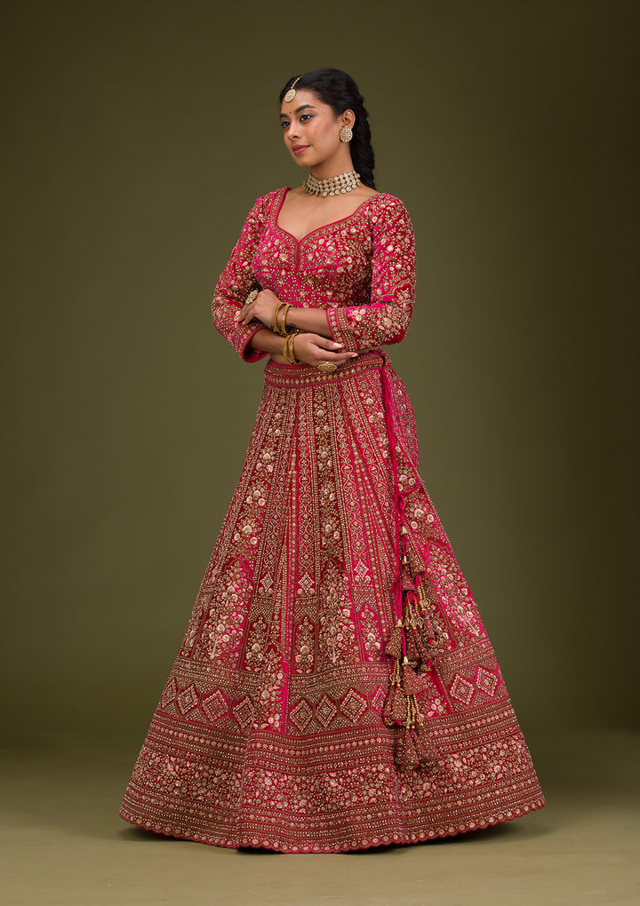 Rani Pink Zariwork Velvet Readymade Lehenga