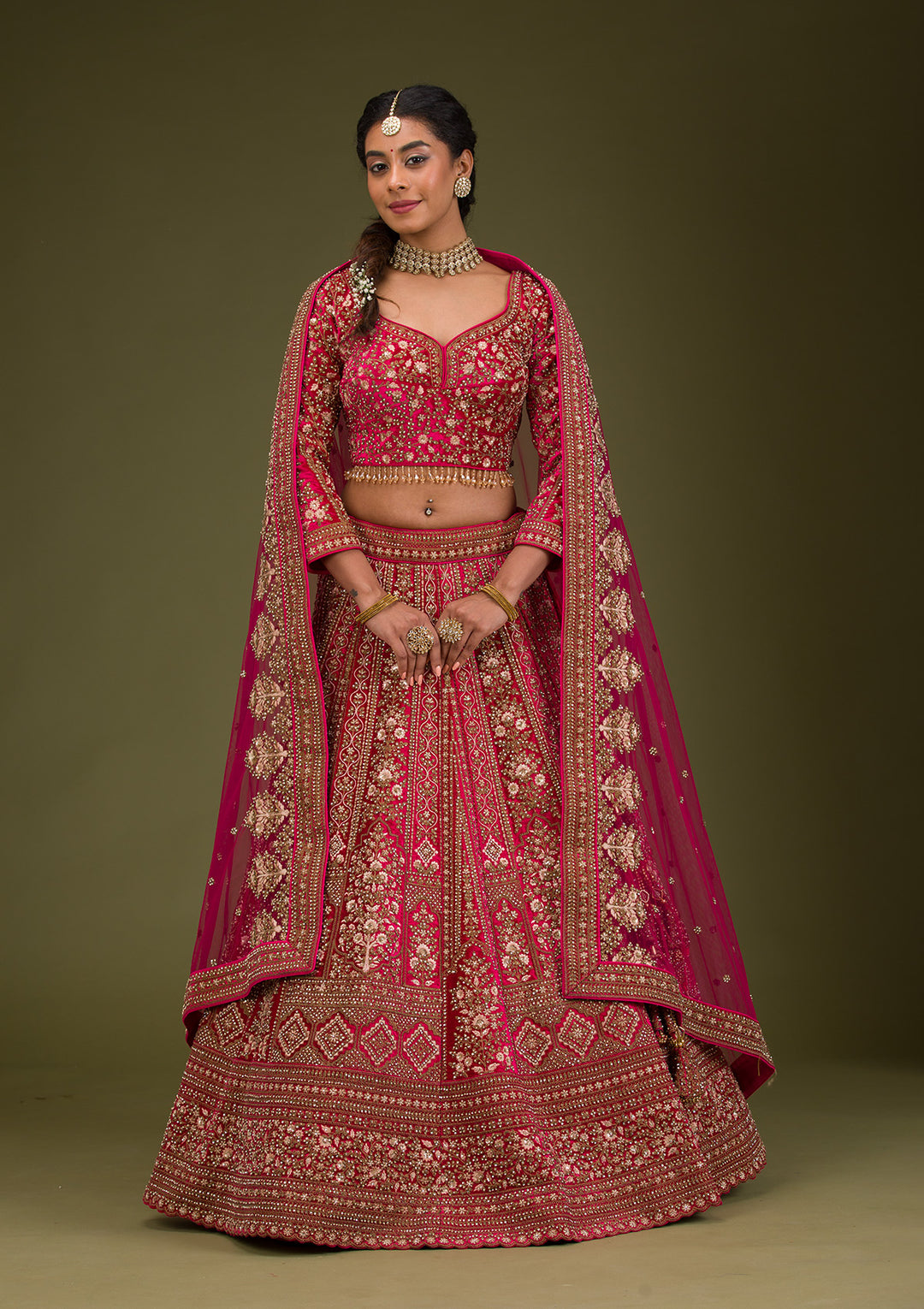 Rani Pink Zariwork Velvet Readymade Lehenga