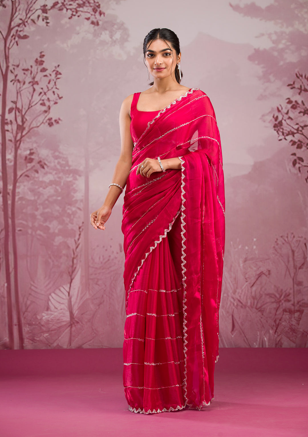 Red Organza Cutdana Saree With Matching Blouse Piece