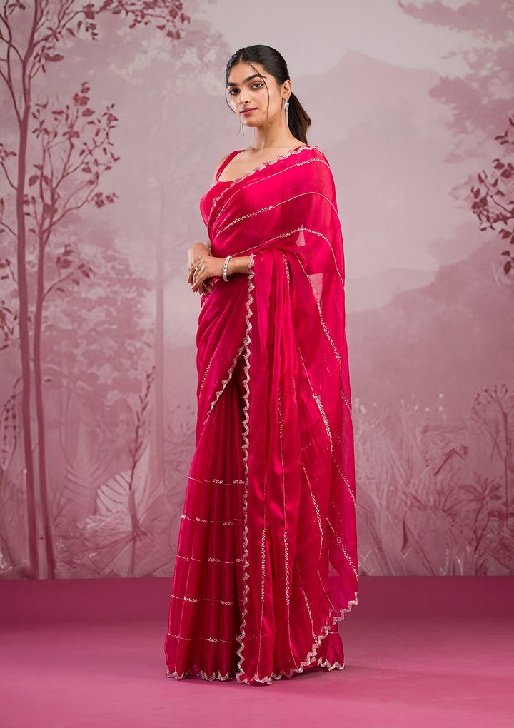 Red Organza Cutdana Saree With Matching Blouse Piece