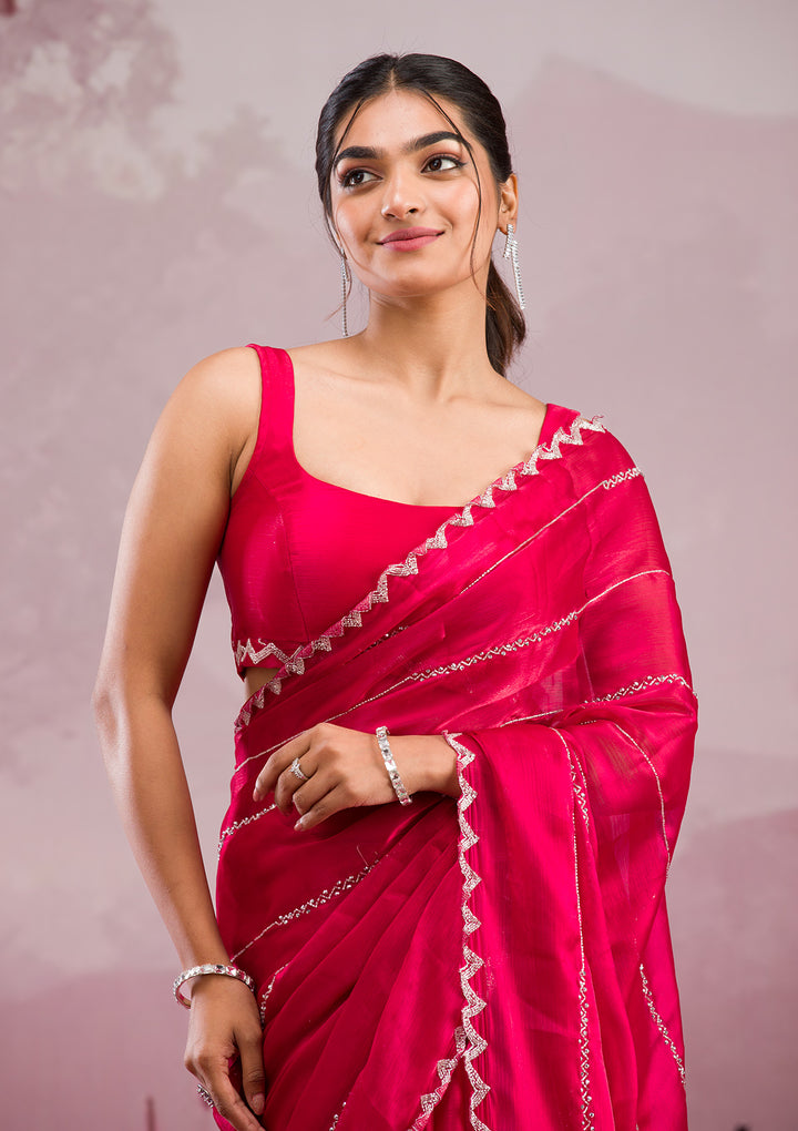 Red Organza Cutdana Saree With Matching Blouse Piece
