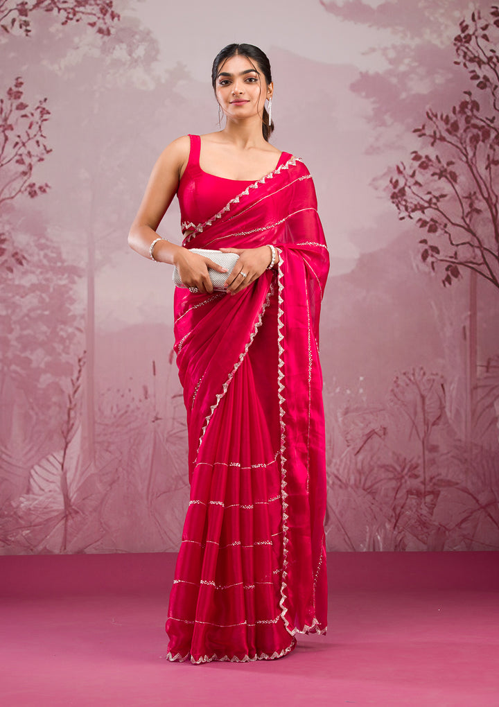 Red Organza Cutdana Saree With Matching Blouse Piece
