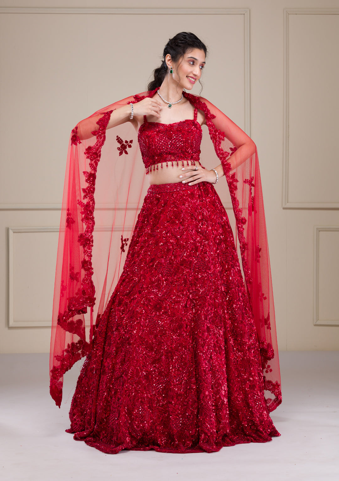Cutdana Red Net Stitched Lehenga Blouse With Dupatta