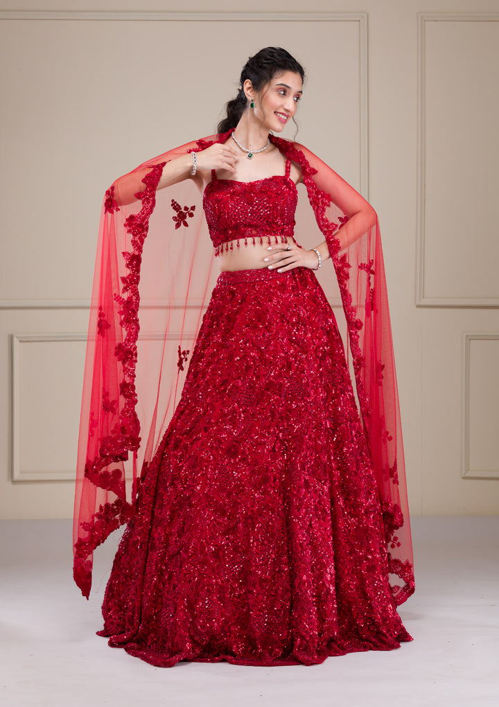 Cutdana Red Net Stitched Lehenga Blouse With Dupatta