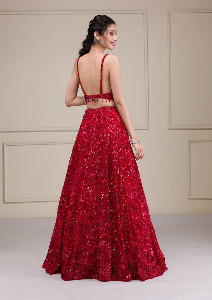 Cutdana Red Net Stitched Lehenga Blouse With Dupatta