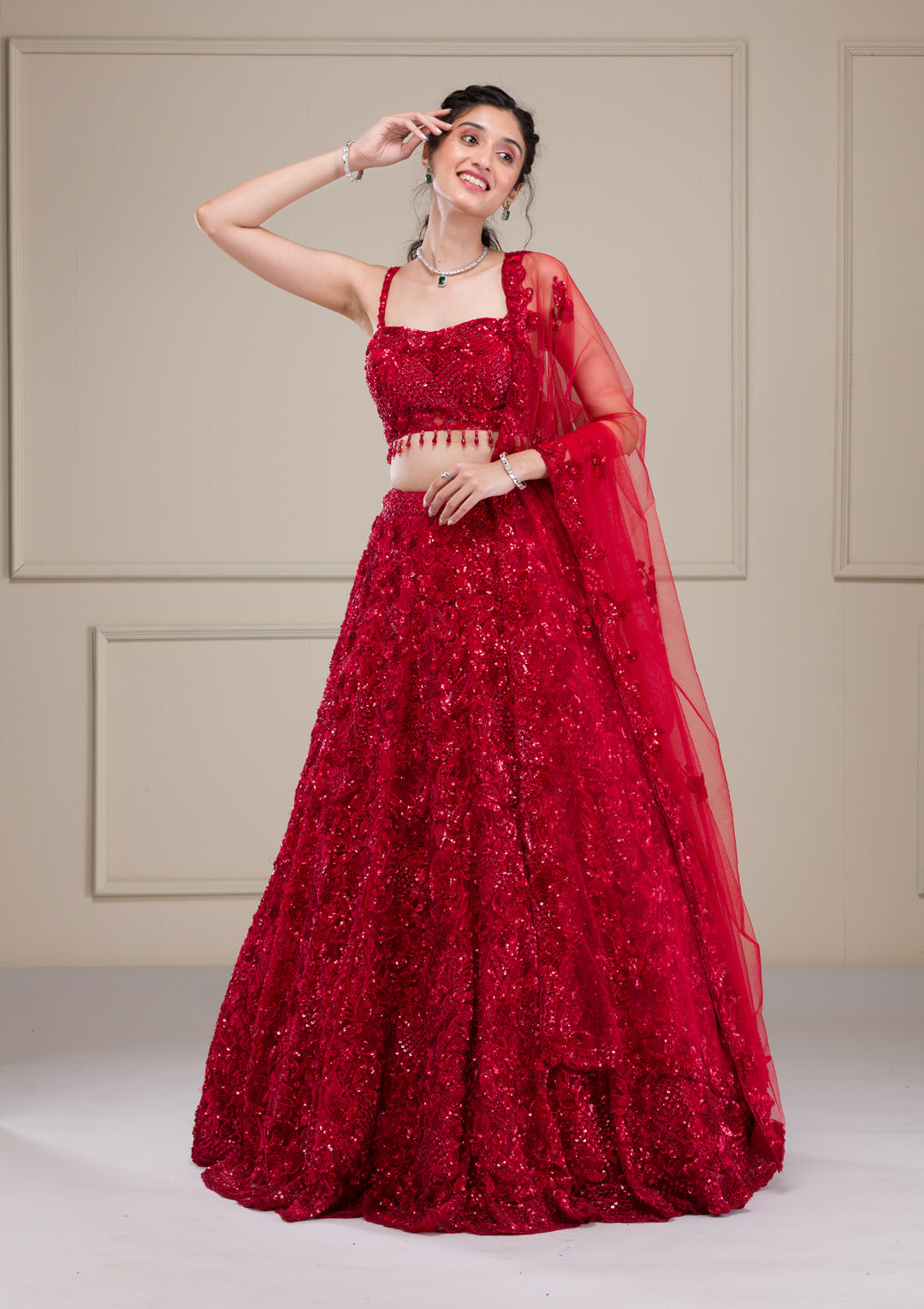 Cutdana Red Net Stitched Lehenga Blouse With Dupatta