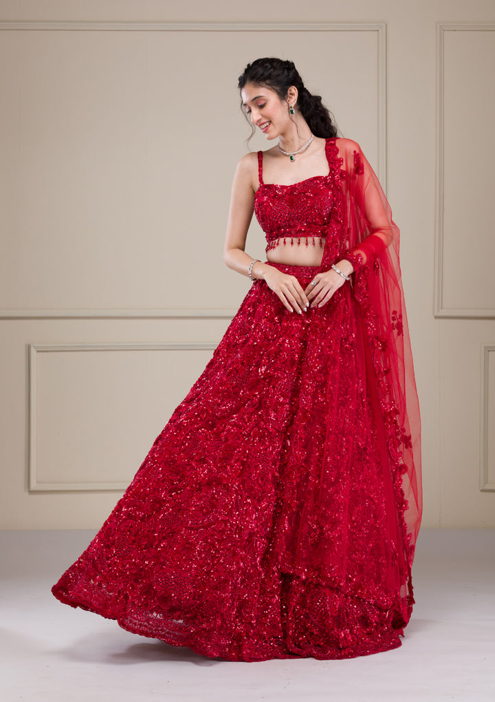 Cutdana Red Net Stitched Lehenga Blouse With Dupatta