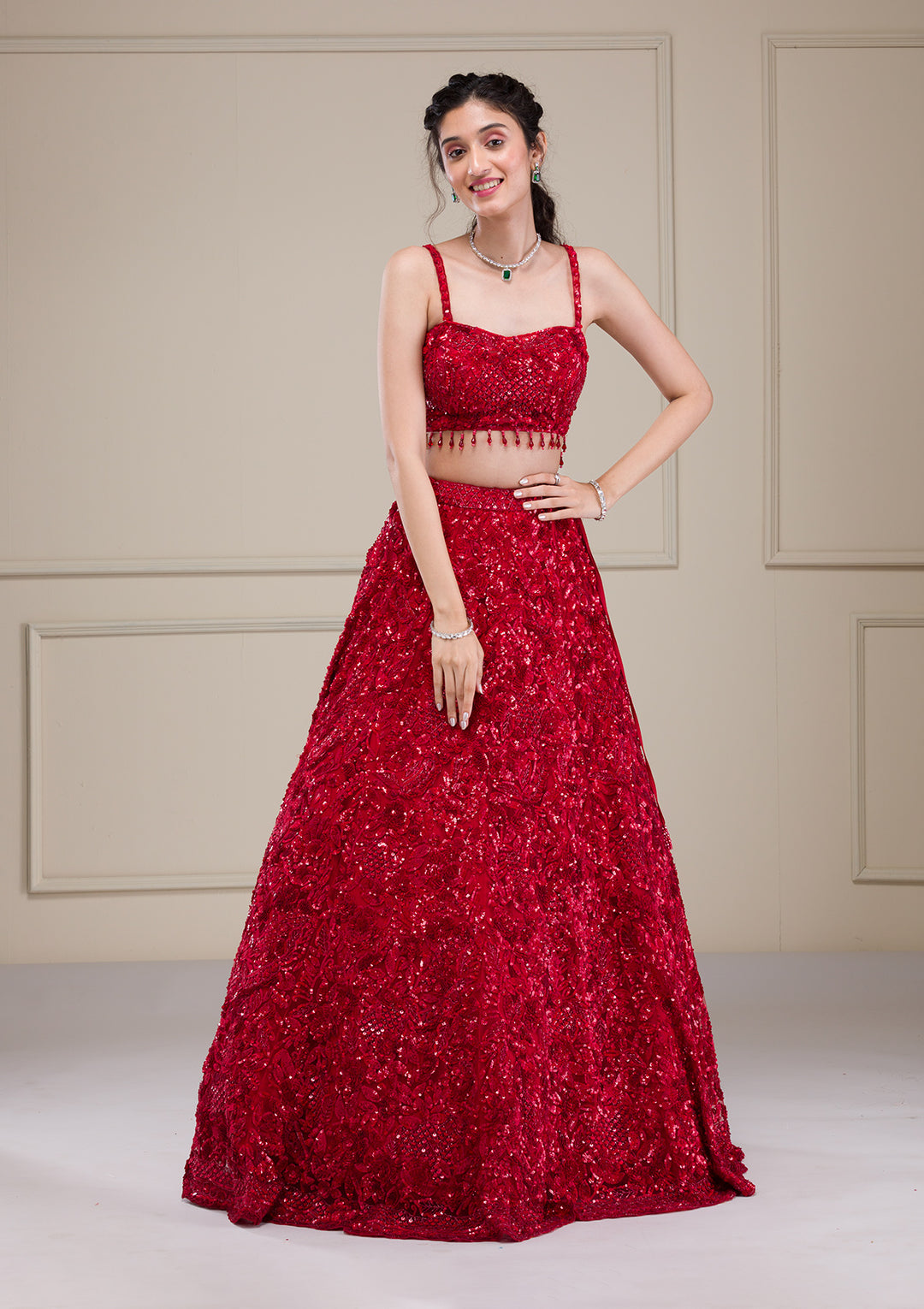 Cutdana Red Net Stitched Lehenga Blouse With Dupatta