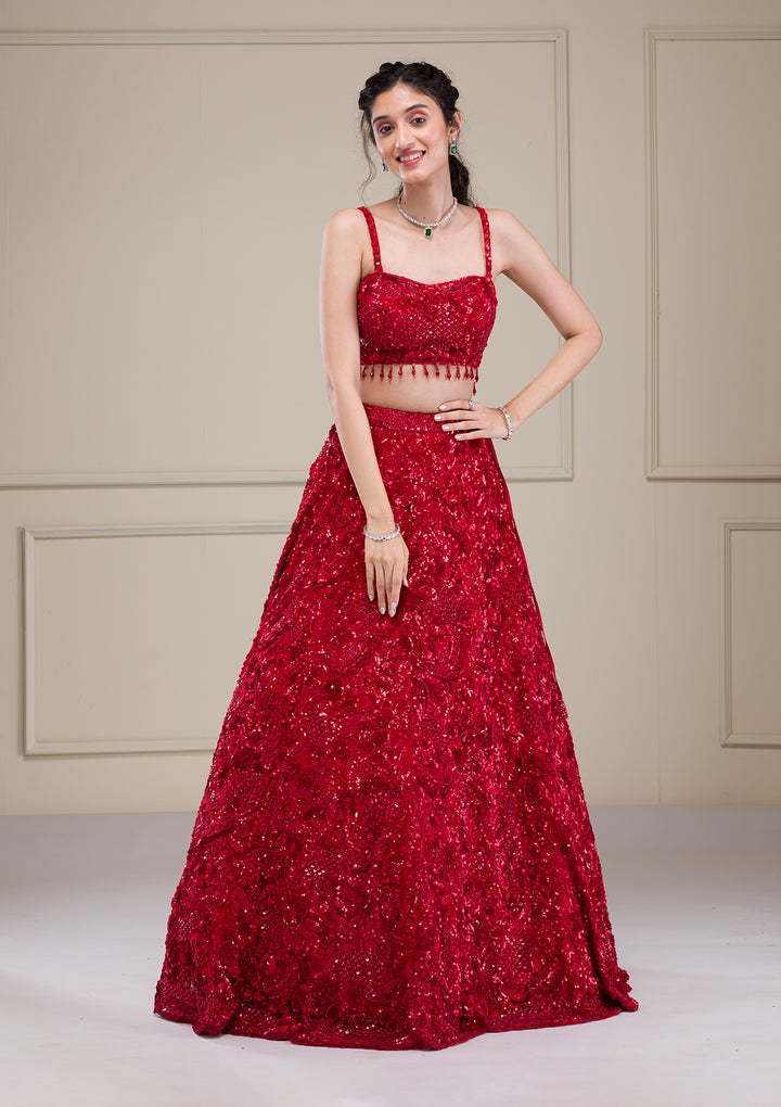 Cutdana Red Net Stitched Lehenga Blouse With Dupatta