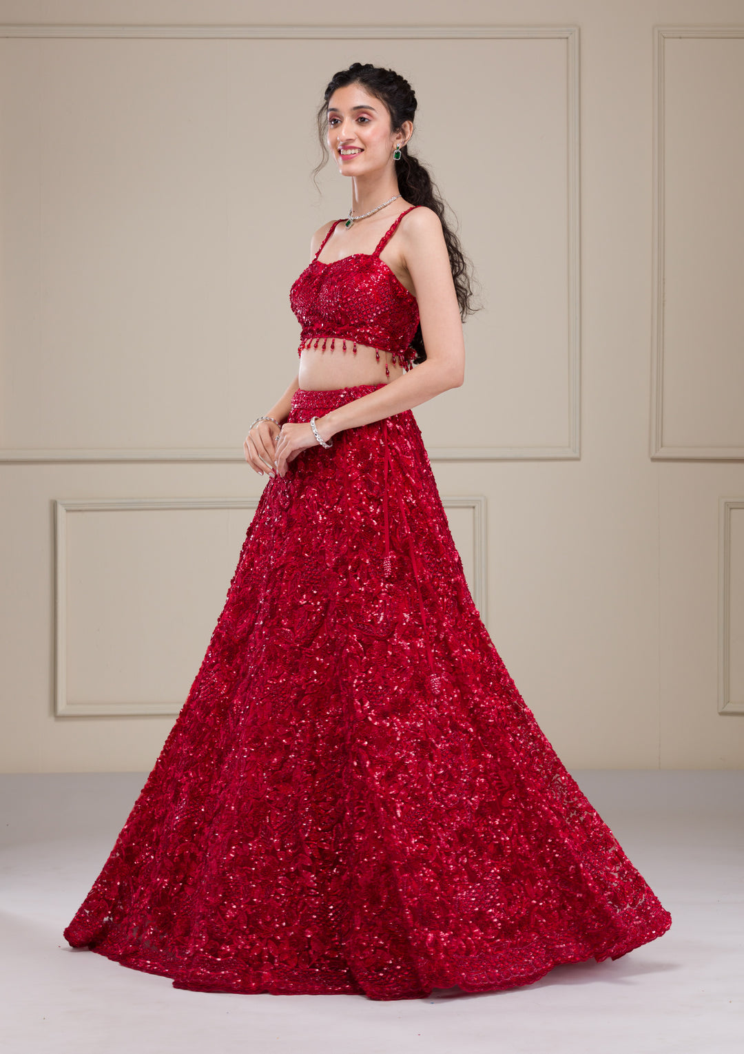 Cutdana Red Net Stitched Lehenga Blouse With Dupatta