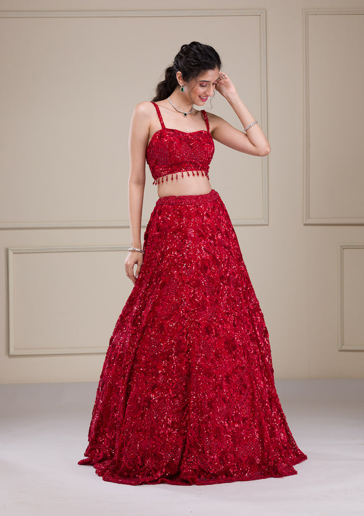 Cutdana Red Net Stitched Lehenga Blouse With Dupatta
