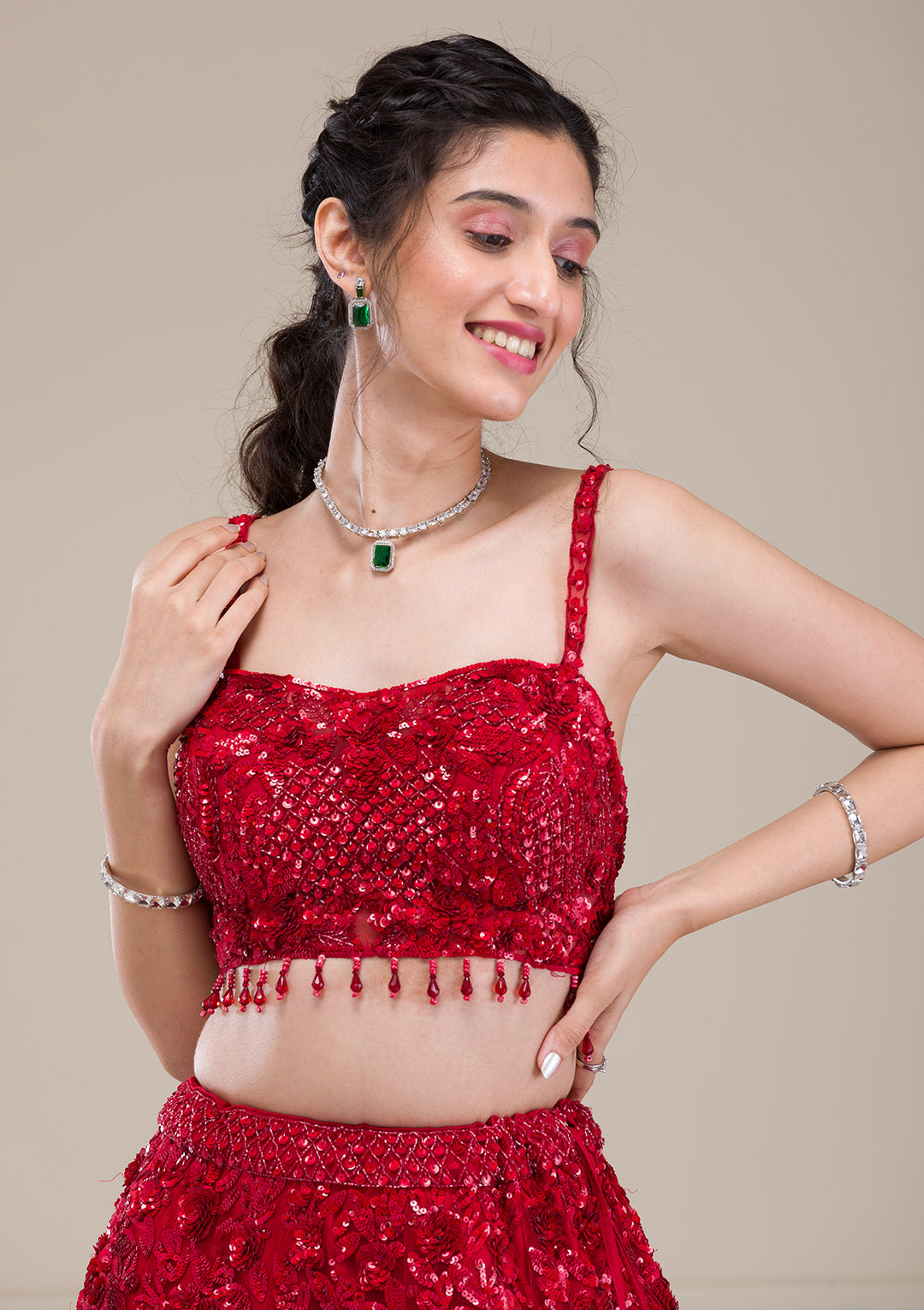 Cutdana Red Net Stitched Lehenga Blouse With Dupatta