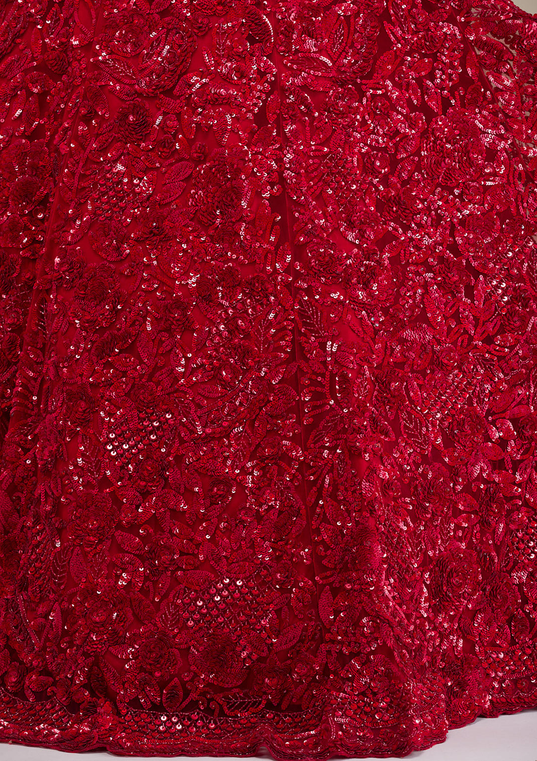 Cutdana Red Net Stitched Lehenga Blouse With Dupatta