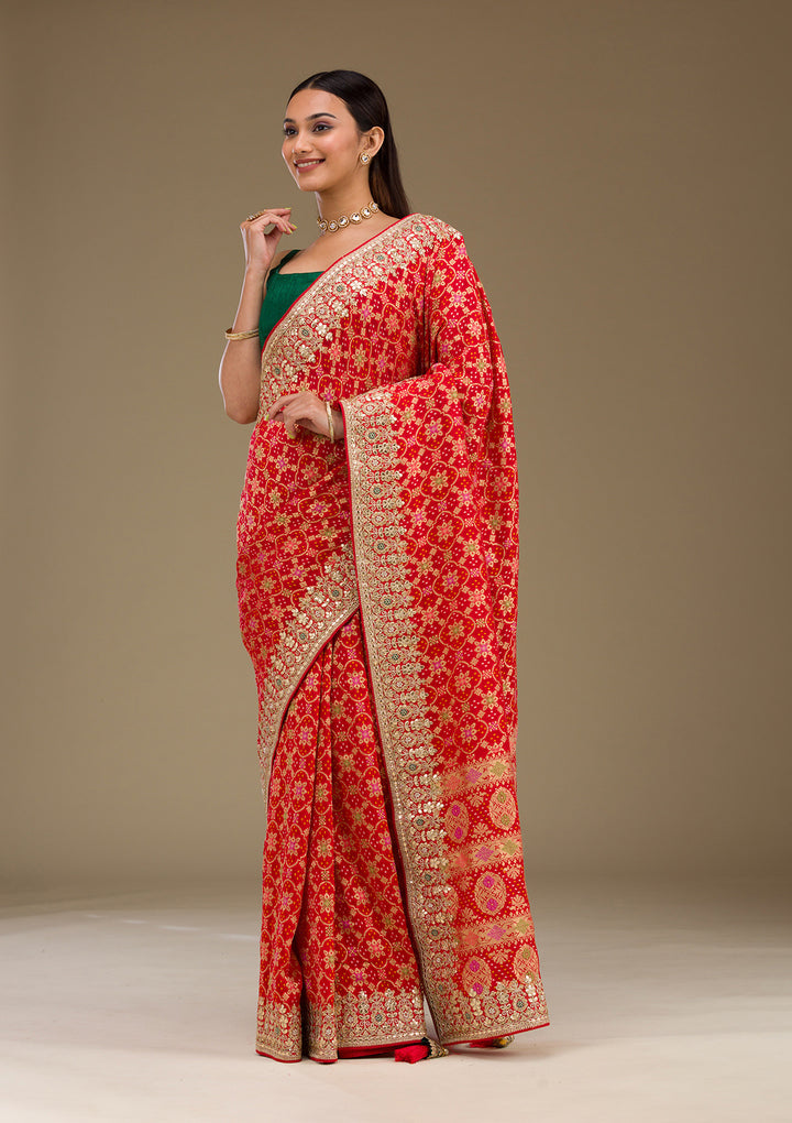 Red Chiffon Gotapatti Saree With Matching Blouse Piece