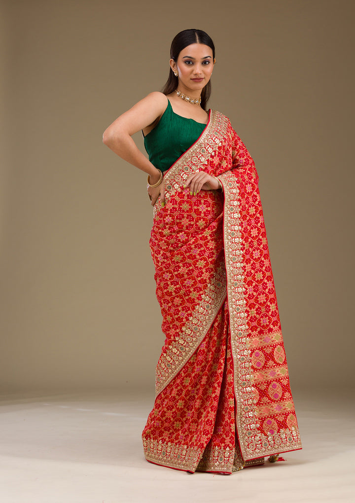 Red Chiffon Gotapatti Saree With Matching Blouse Piece
