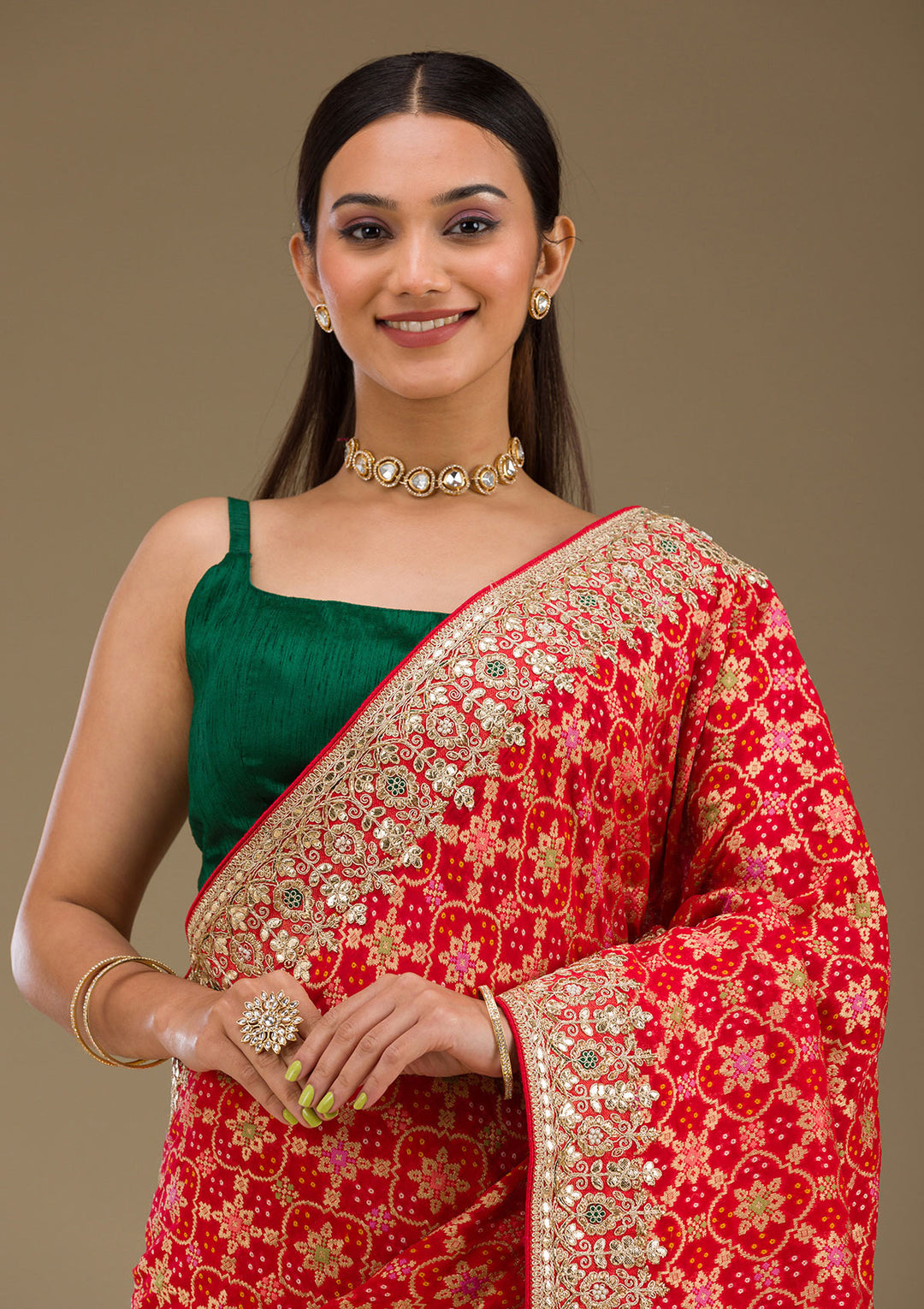 Red Chiffon Gotapatti Saree With Matching Blouse Piece