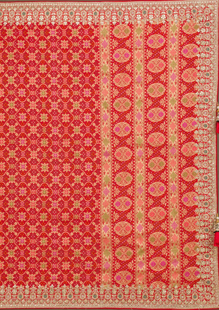 Red Chiffon Gotapatti Saree With Matching Blouse Piece