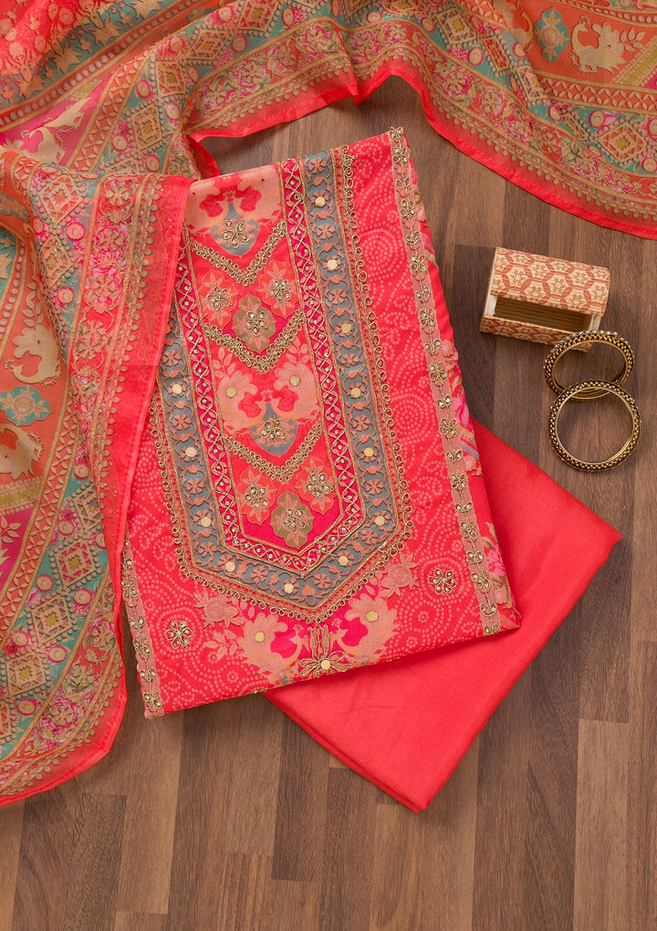Red Multi Organza Floral Gold Zariwork Unstitched Dress Material With Matching Bottom And Dupatta