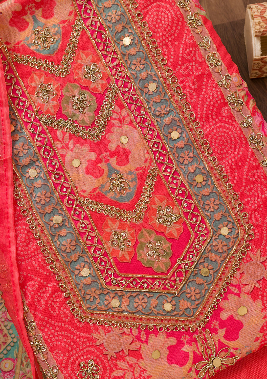 Red Multi Organza Floral Gold Zariwork Unstitched Dress Material With Matching Bottom And Dupatta