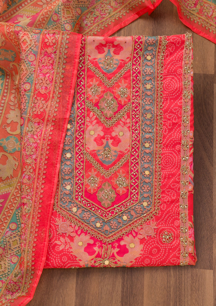 Red Multi Organza Floral Gold Zariwork Unstitched Dress Material With Matching Bottom And Dupatta