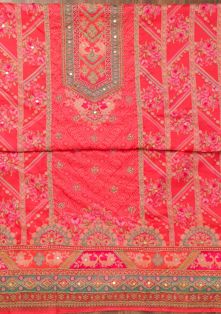Red Multi Organza Floral Gold Zariwork Unstitched Dress Material With Matching Bottom And Dupatta