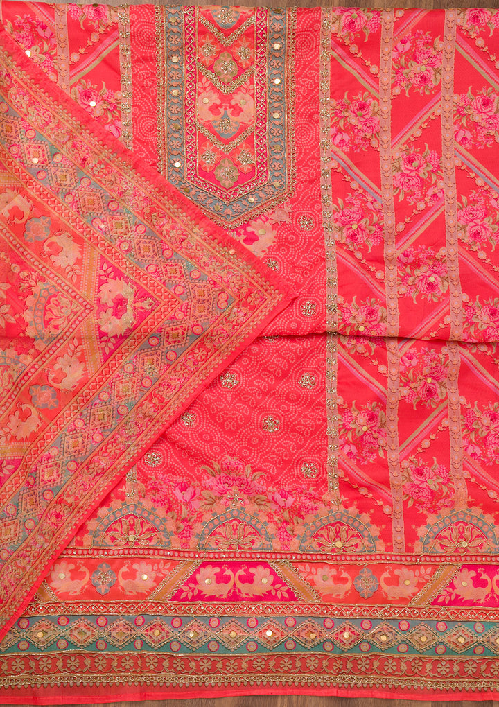 Red Multi Organza Floral Gold Zariwork Unstitched Dress Material With Matching Bottom And Dupatta