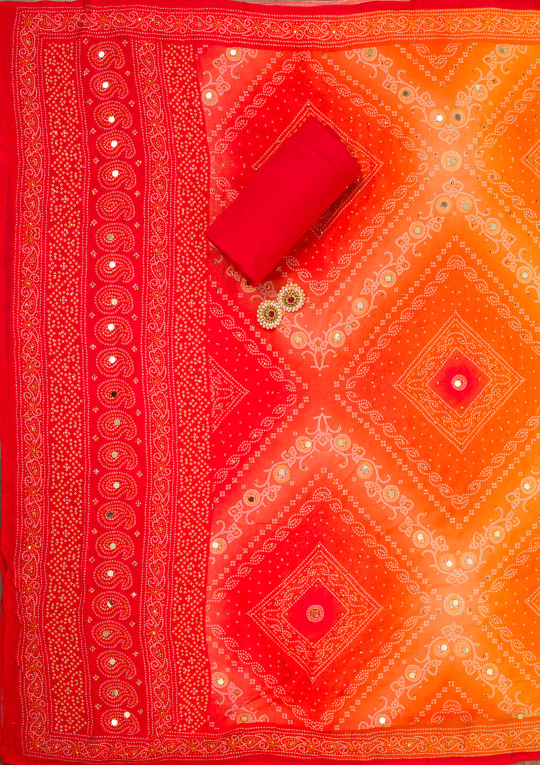 Red Organza Bandhej Gold Zariwork Unstitched Dress Material With Matching Bottom And Dupatta