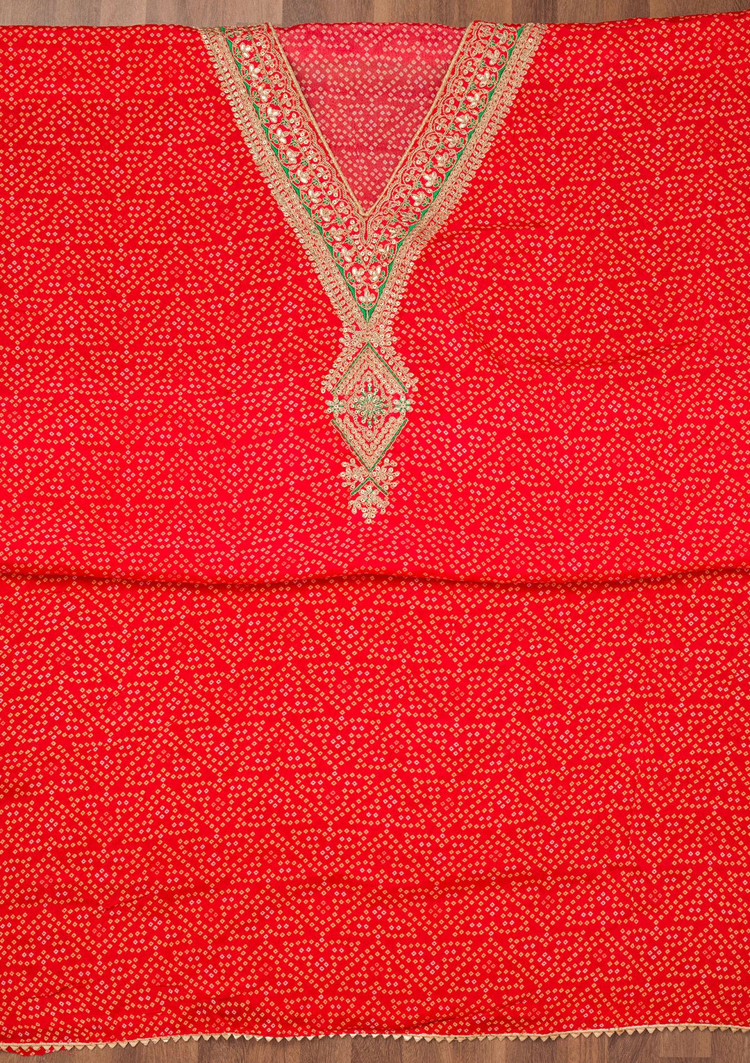 Red Organza Bandhej Gold Zariwork Unstitched Dress Material With Matching Bottom And Dupatta
