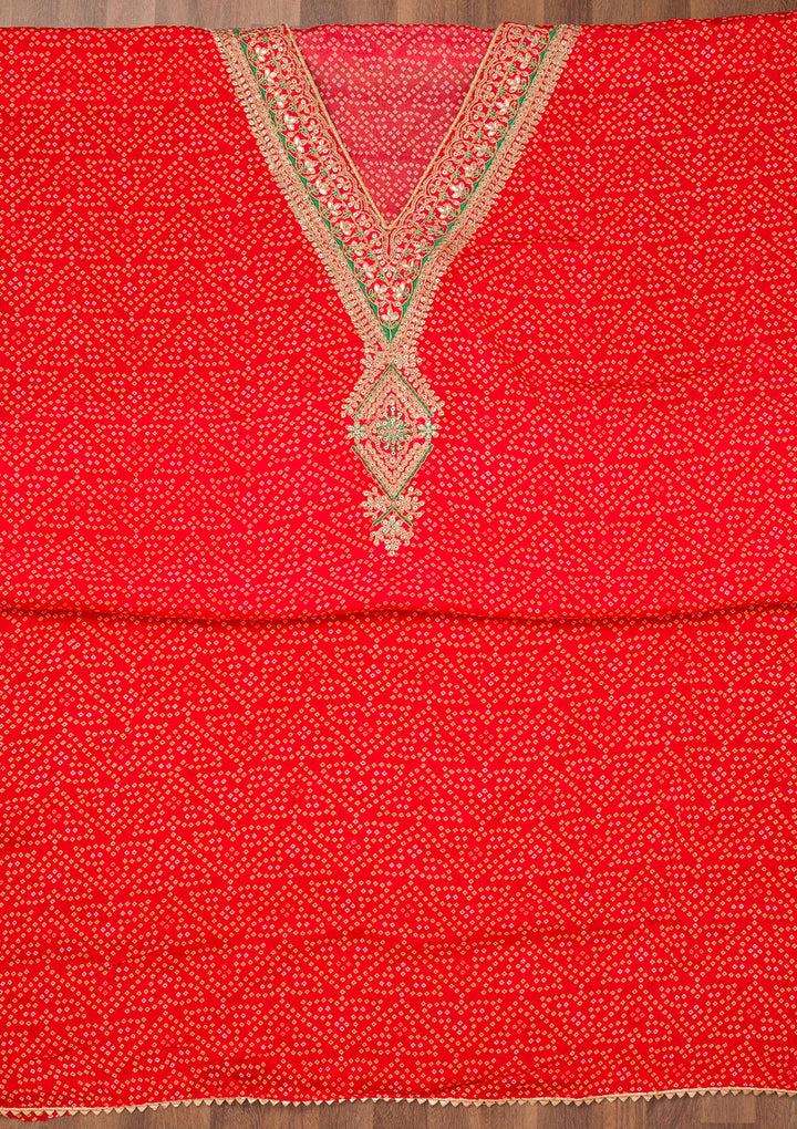 Red Organza Bandhej Gold Zariwork Unstitched Dress Material With Matching Bottom And Dupatta