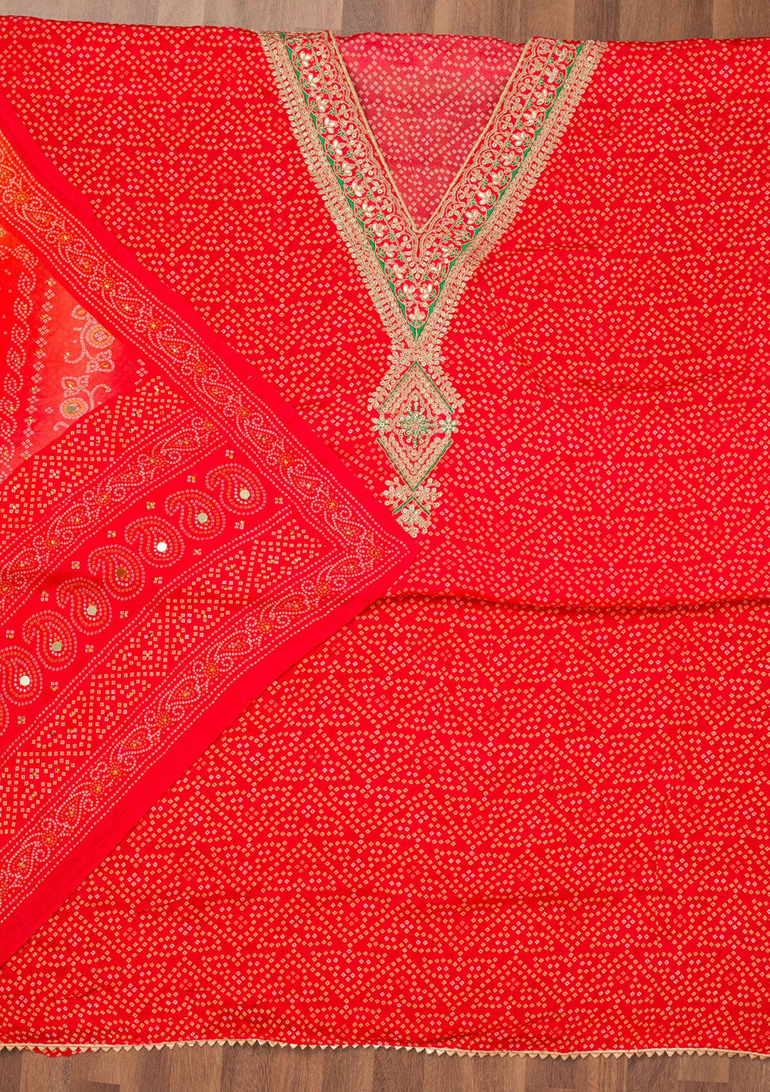 Red Organza Bandhej Gold Zariwork Unstitched Dress Material With Matching Bottom And Dupatta