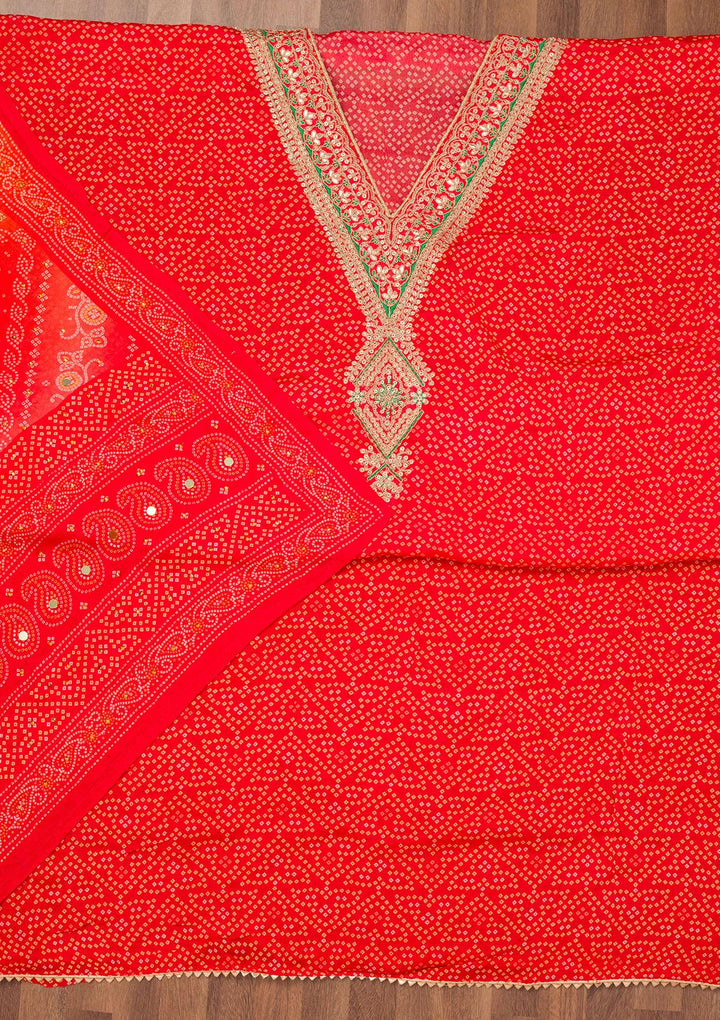 Red Organza Bandhej Gold Zariwork Unstitched Dress Material With Matching Bottom And Dupatta