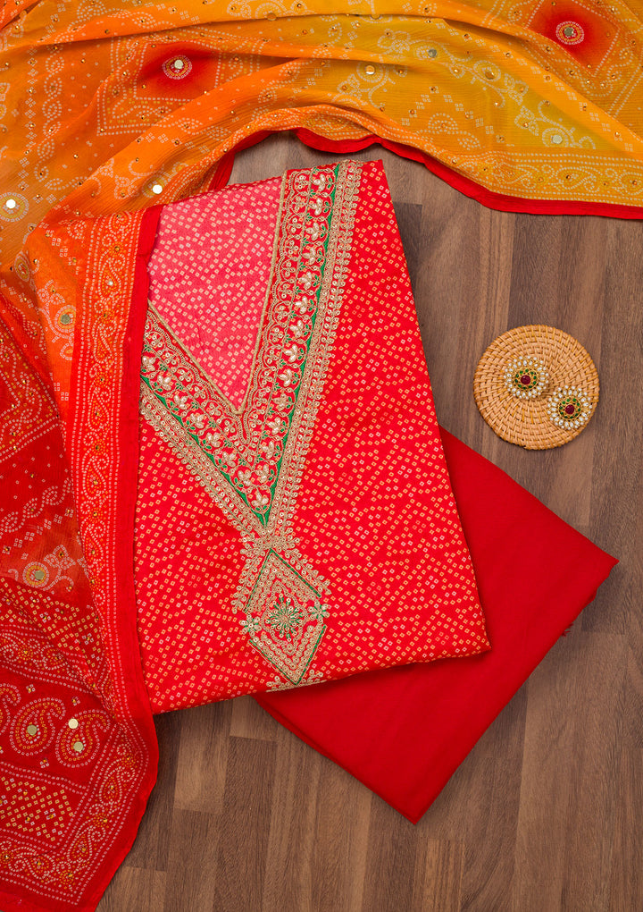 Red Organza Bandhej Gold Zariwork Unstitched Dress Material With Matching Bottom And Dupatta