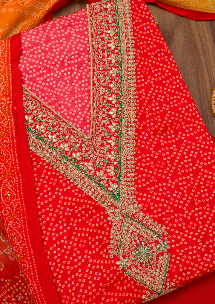 Red Organza Bandhej Gold Zariwork Unstitched Dress Material With Matching Bottom And Dupatta