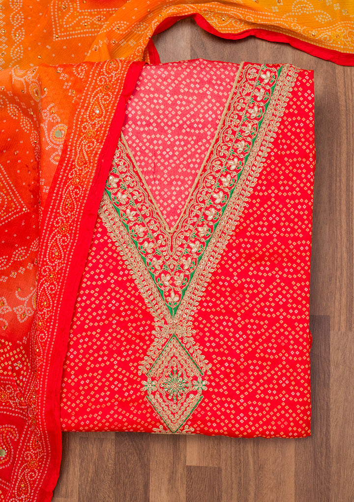Red Organza Bandhej Gold Zariwork Unstitched Dress Material With Matching Bottom And Dupatta