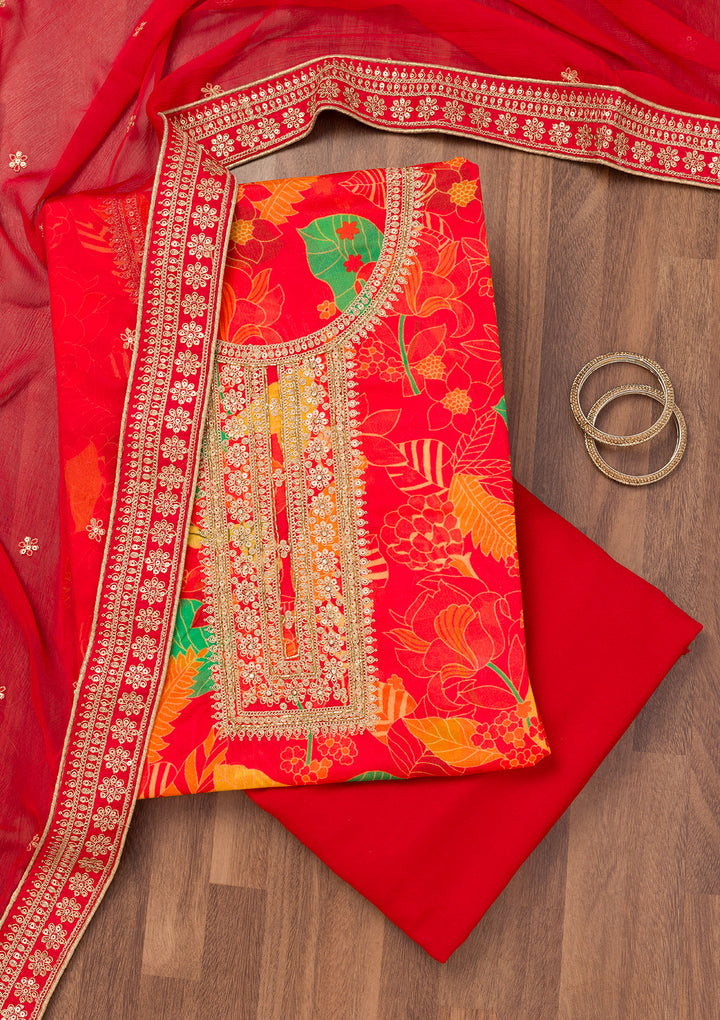 Red Crepe Floral Silver Zariwork Unstitched Dress Material With Matching Bottom And Dupatta