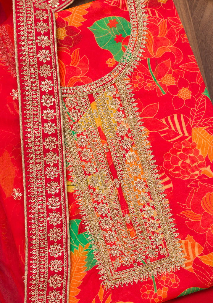 Red Crepe Floral Silver Zariwork Unstitched Dress Material With Matching Bottom And Dupatta