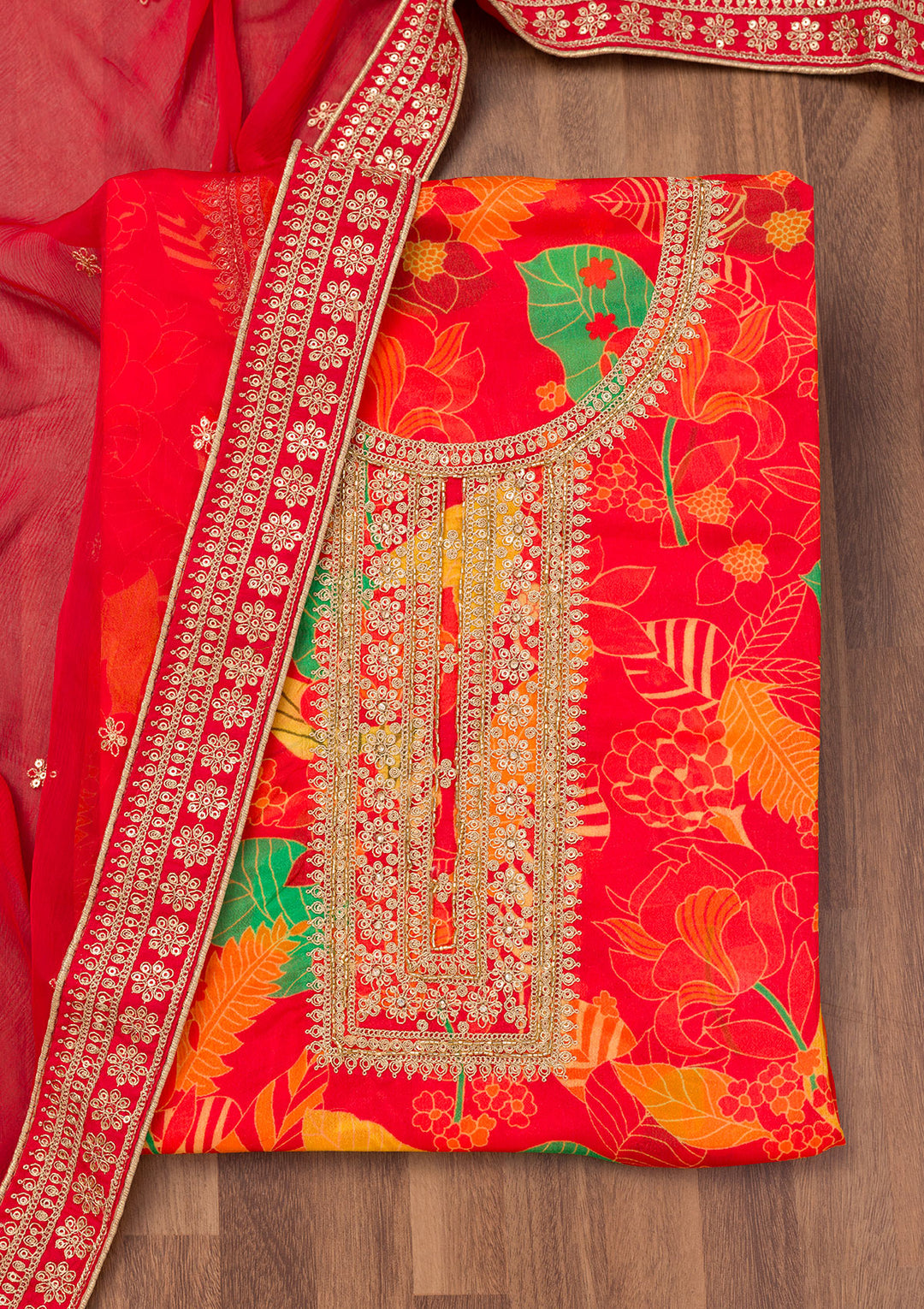 Red Crepe Floral Silver Zariwork Unstitched Dress Material With Matching Bottom And Dupatta