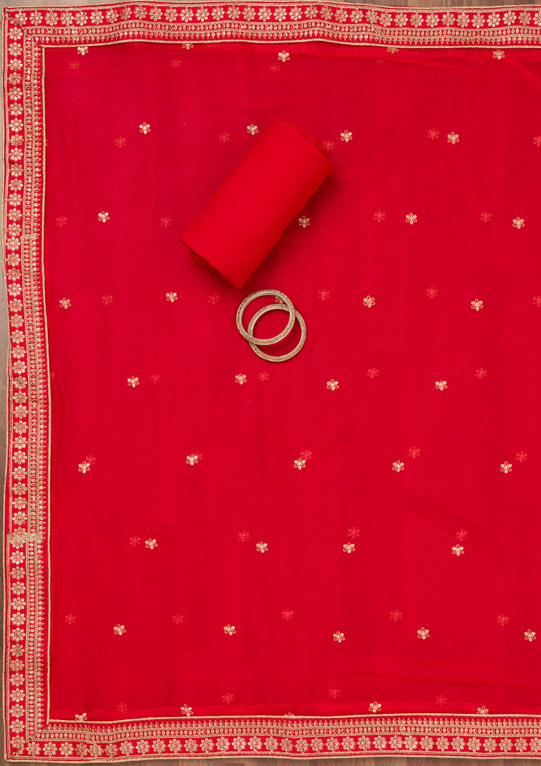 Red Crepe Floral Silver Zariwork Unstitched Dress Material With Matching Bottom And Dupatta