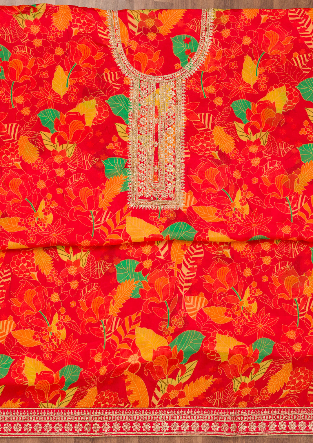 Red Crepe Floral Silver Zariwork Unstitched Dress Material With Matching Bottom And Dupatta