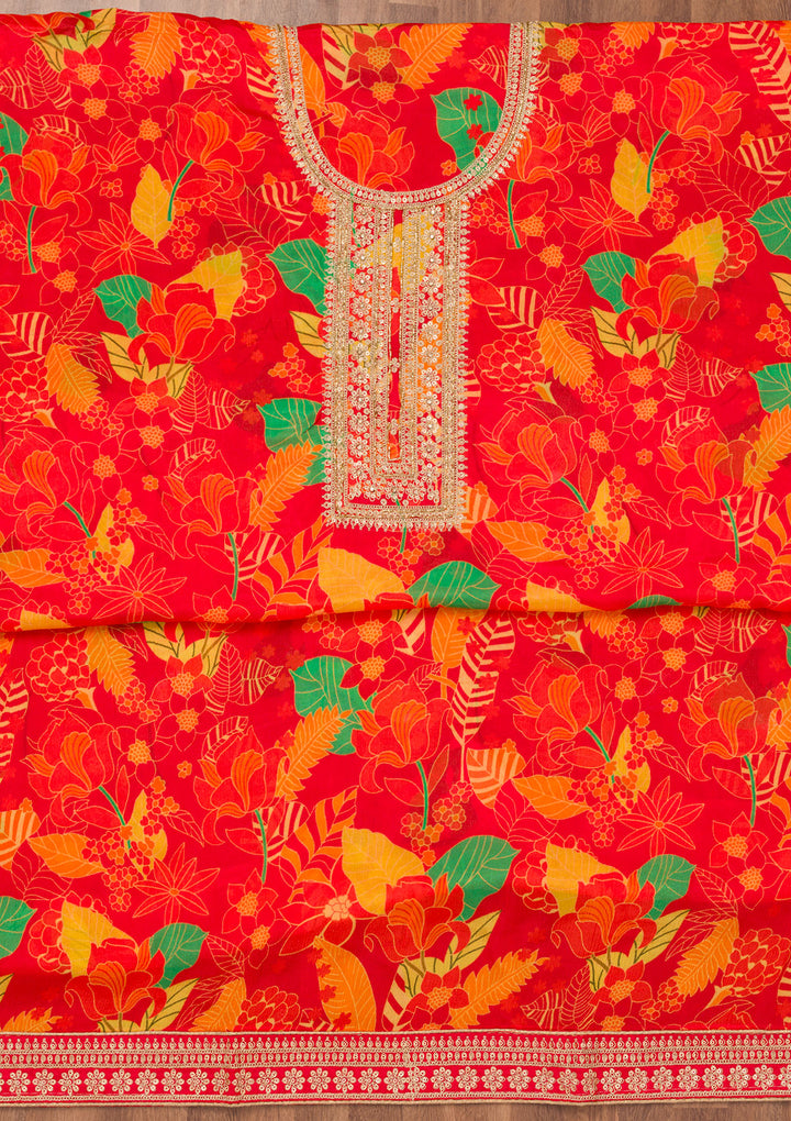 Red Crepe Floral Silver Zariwork Unstitched Dress Material With Matching Bottom And Dupatta