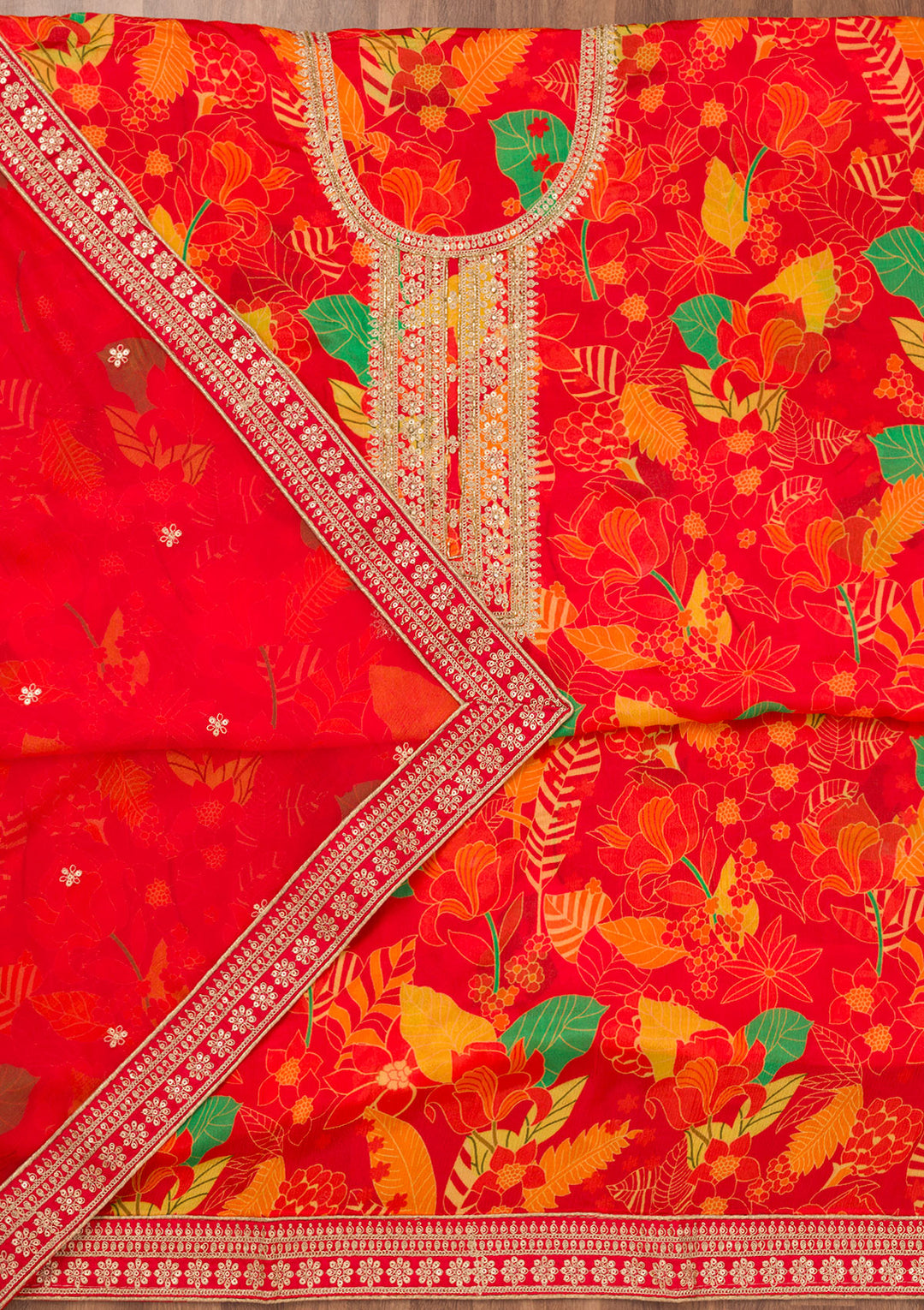 Red Crepe Floral Silver Zariwork Unstitched Dress Material With Matching Bottom And Dupatta