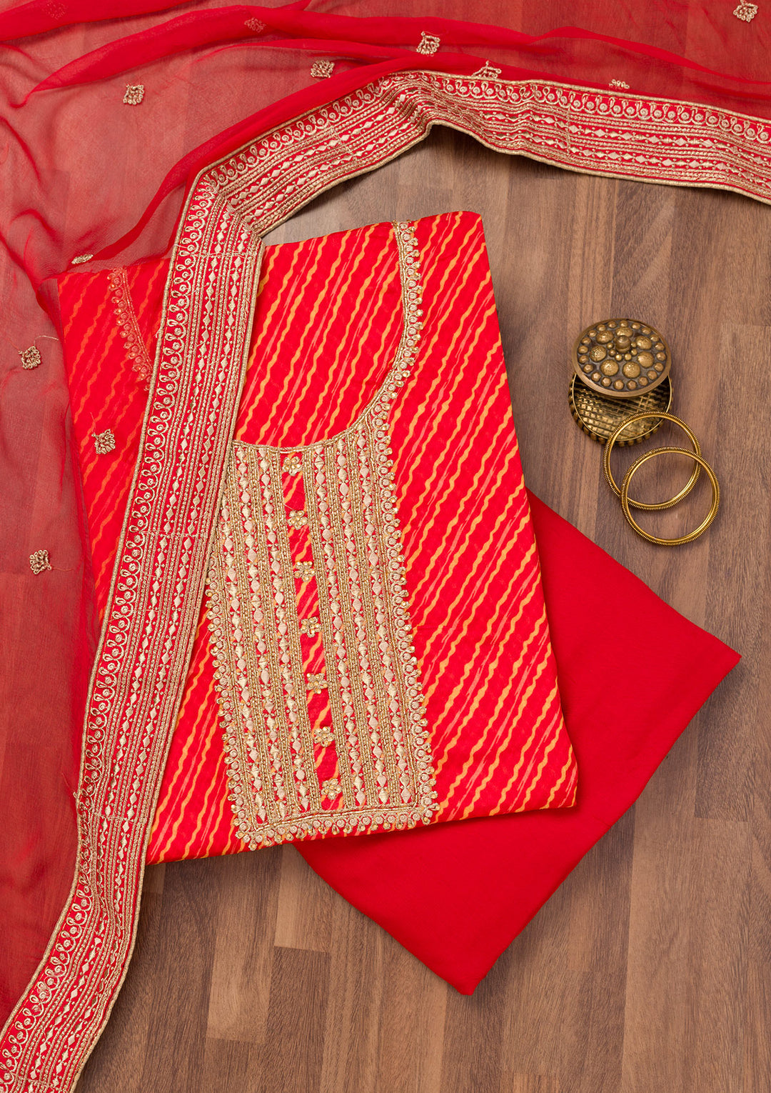 Red Georgette Bandhej Cutdana Unstitched Dress Material With Matching Bottom And Dupatta